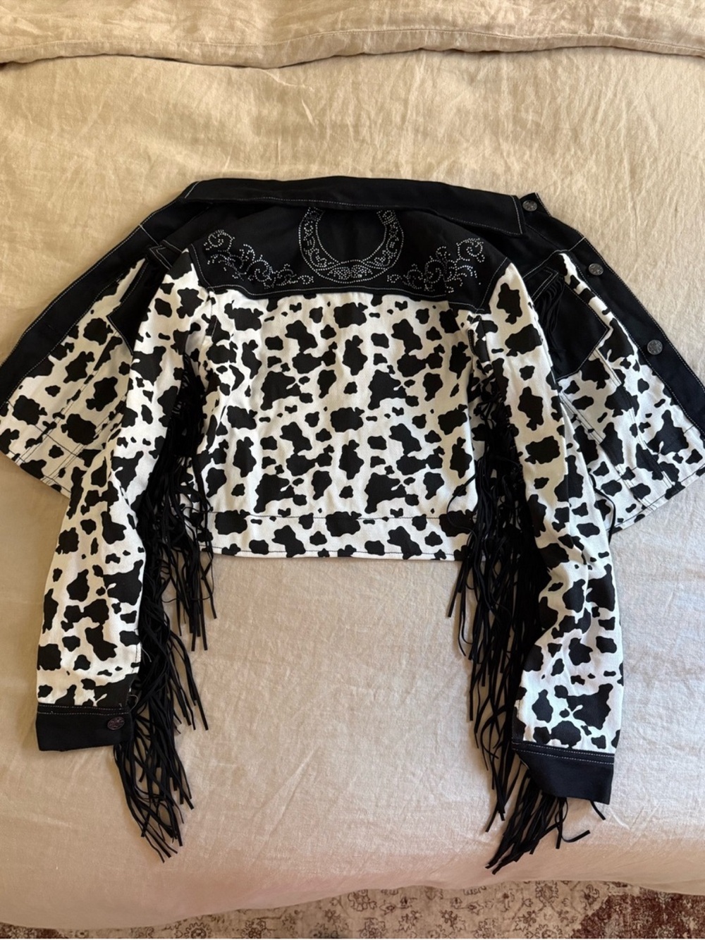 Cow Print Fringe cropped jacket in Black & White